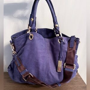 Rabeanco Indigo Genuine Leather Slouch Shoulder Bag with Brown Strap